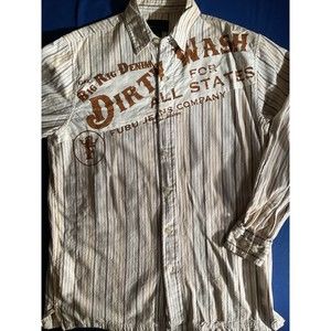 Fubu Shirt Men Large Tan Street Wear Hip Hop Striped Button Long Sleeve its Dope
